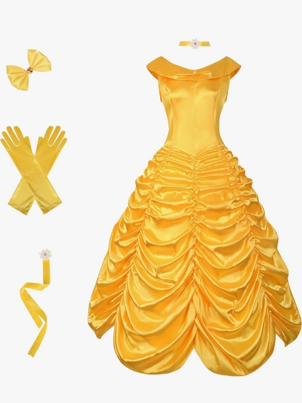 Drofe Belle Princess Yellow Satin Ball Gown Costume Off Shoulder Corset Back
